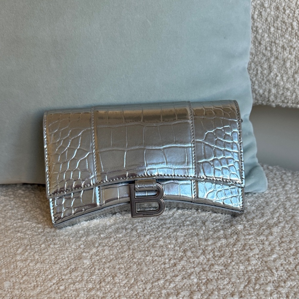 Balenciaga Metallic Silver Croc-Embossed Wallet on Chain